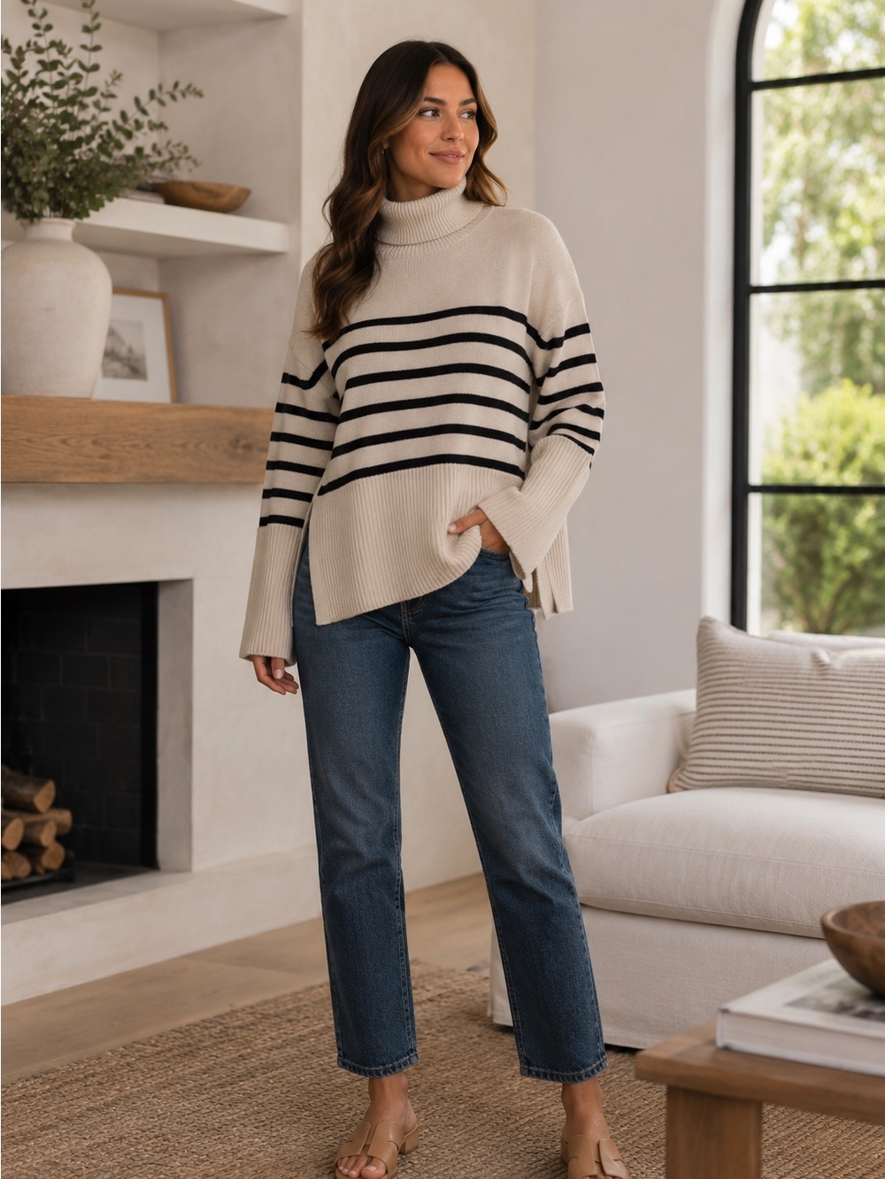 GAP STRIPED TURTLENECK SPLIT HEM SWEATER MEDIUM